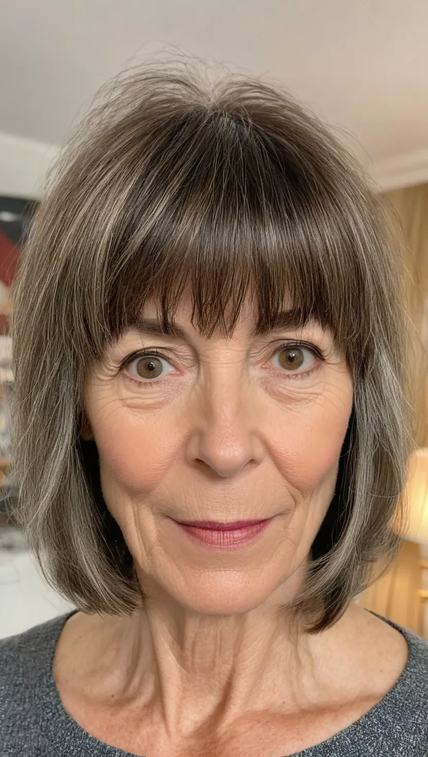 A photo of a 51-year-old Alice, wispy bob with bangs, front view, living room background