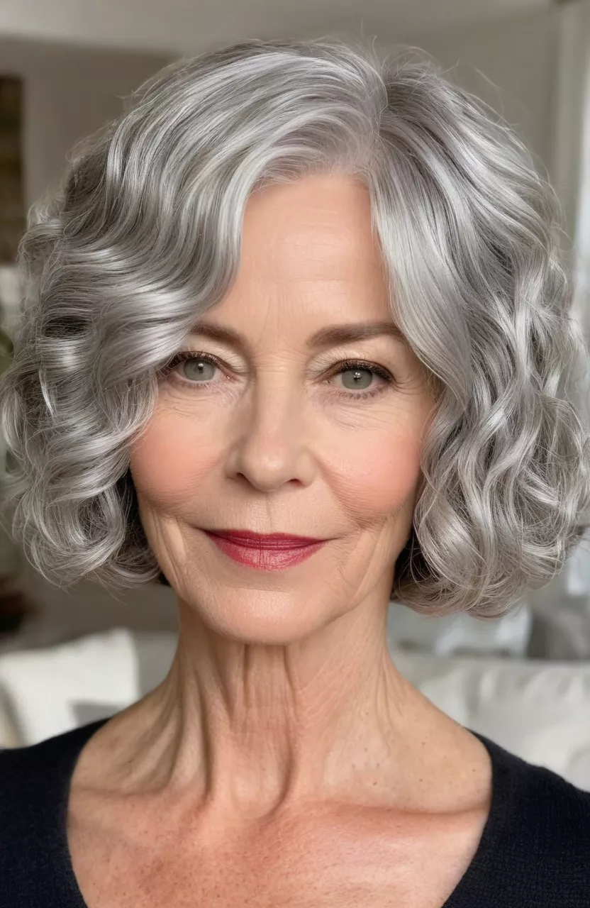 Silver Wavy Bob with No Bangs A photo of a 54-year-old Catherine, silver wavy bob with no bangs, front view, living room background