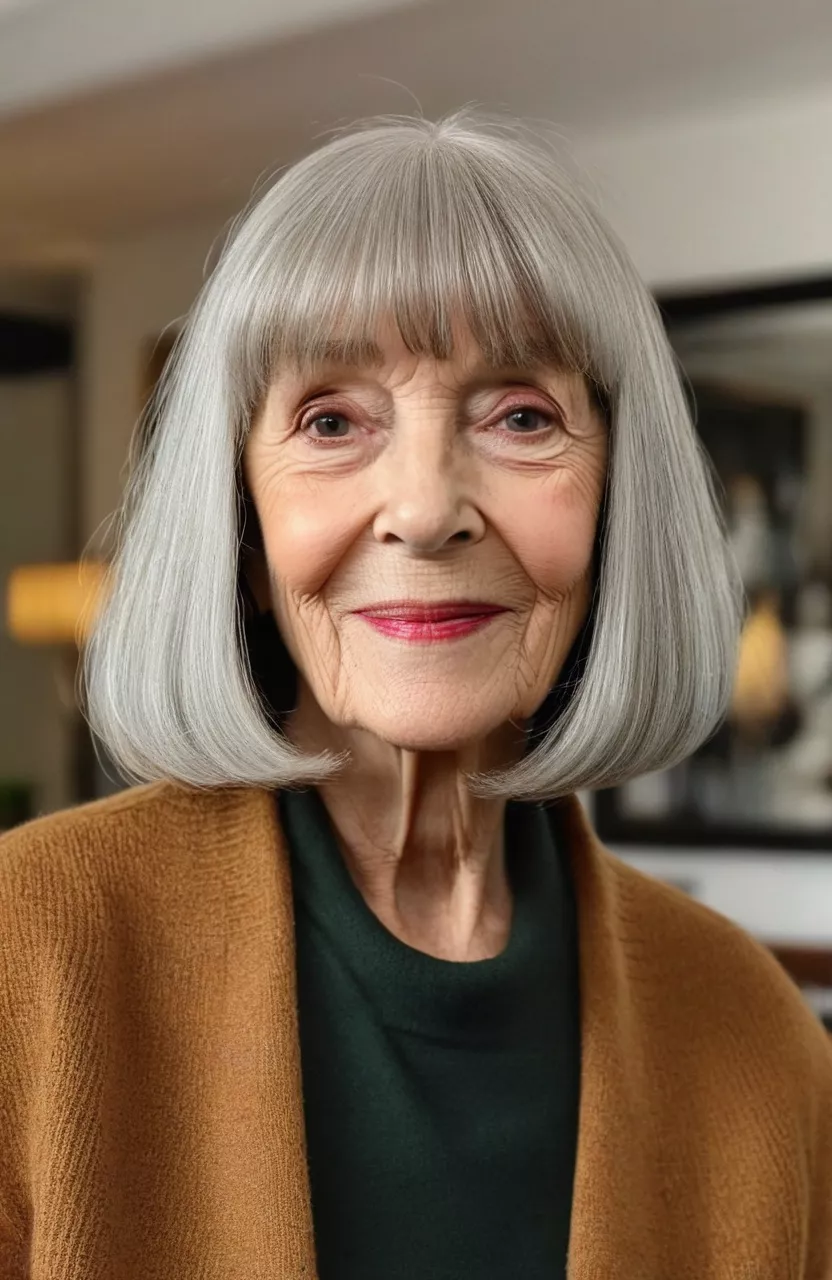 A photo of a 76-year-old Martha, shoulder-length lob with blunt bangs, front view, living room background