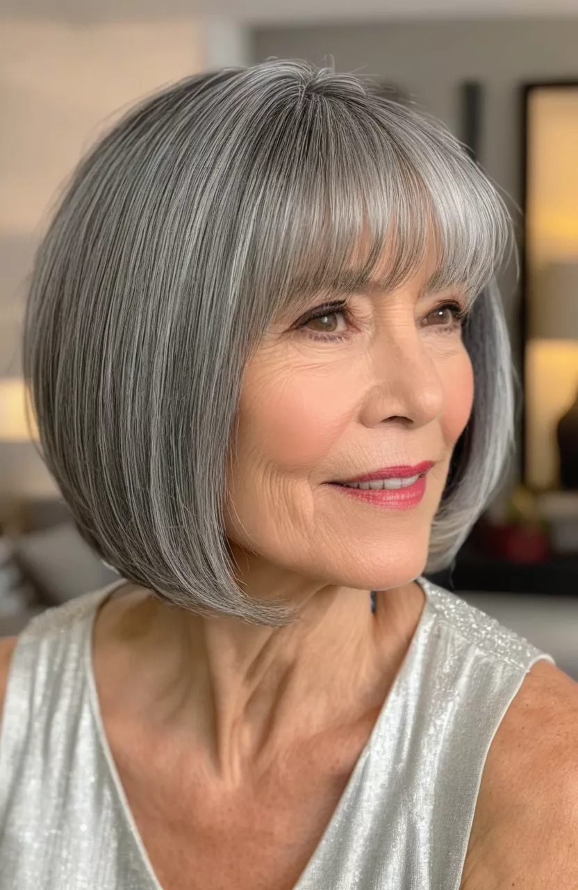 Grey Chin-Length Bob with Side-Swept Bangs A photo of a 59-year-old Diane, grey chin-length bob with side-swept bangs, side view, living room background