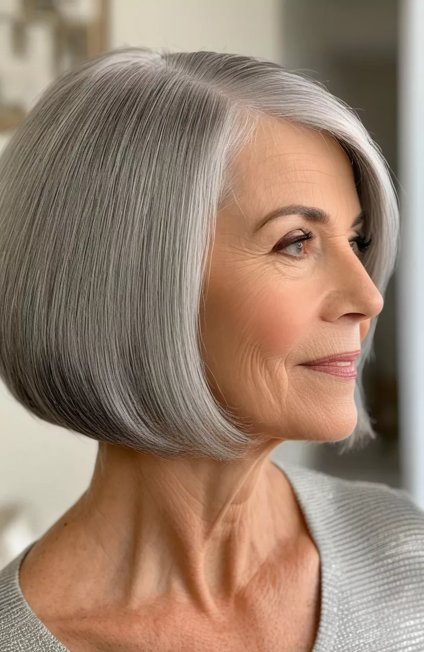 A photo of a 55-year-old Ruth, angled silver bob, side view, living room background