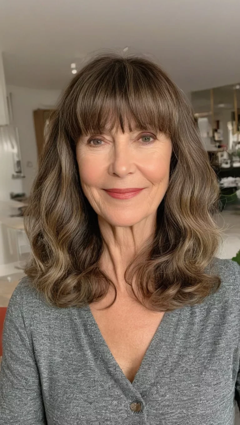 A photo of a 54-year-old Patricia, medium-length waves with bangs, front view, living room background