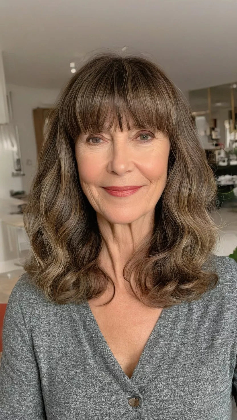 A photo of a 54-year-old Patricia, medium-length waves with bangs, front view, living room background