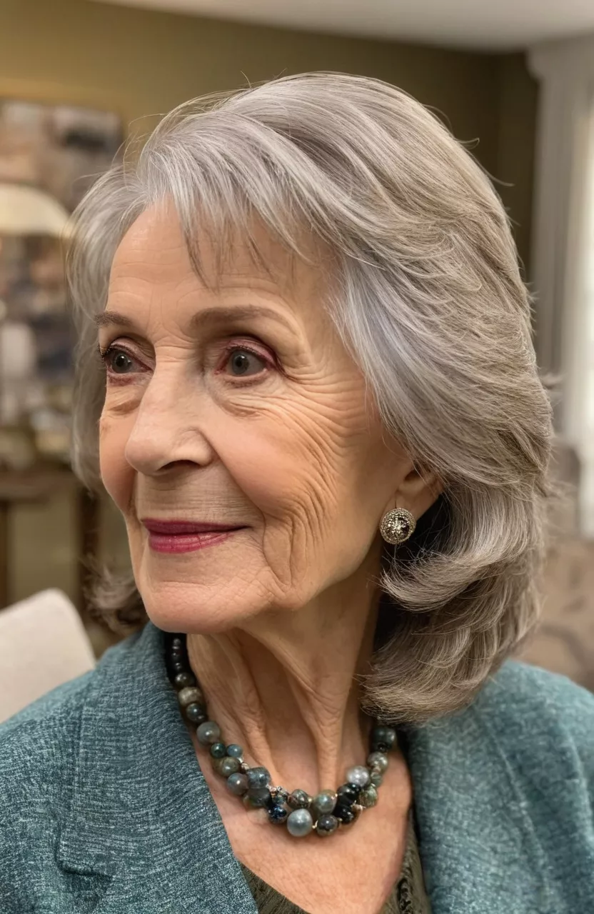 Shoulder-Length Layers with Flipped Ends A photo of a 76-year-old Joyce, shoulder-length layers with flipped ends, side view, living room background