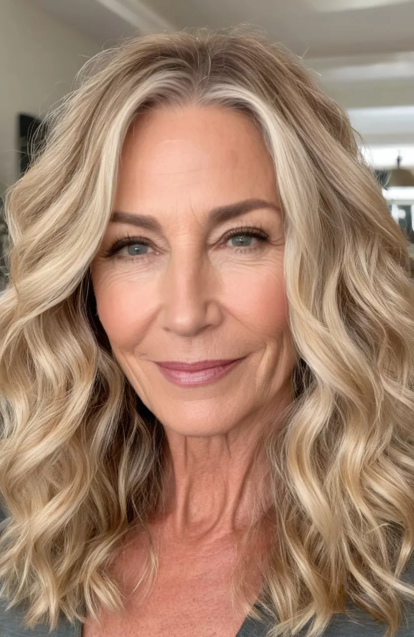Beachy Blonde Waves A photo of a 50-year-old Jennifer, beachy blonde waves, front view, living room background