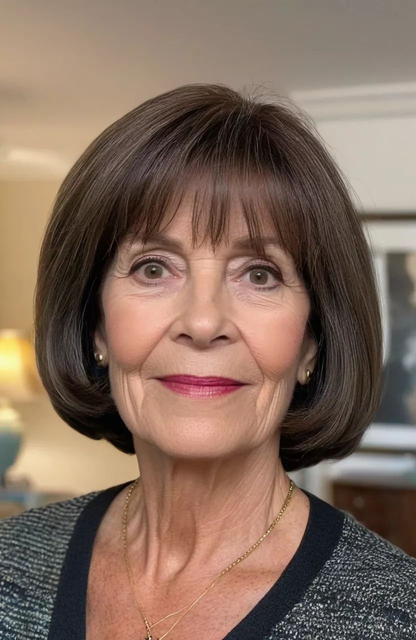 Dark Brown Lived-In Bob A photo of a 62-year-old Susan, dark brown lived-in bob, front view, living room background