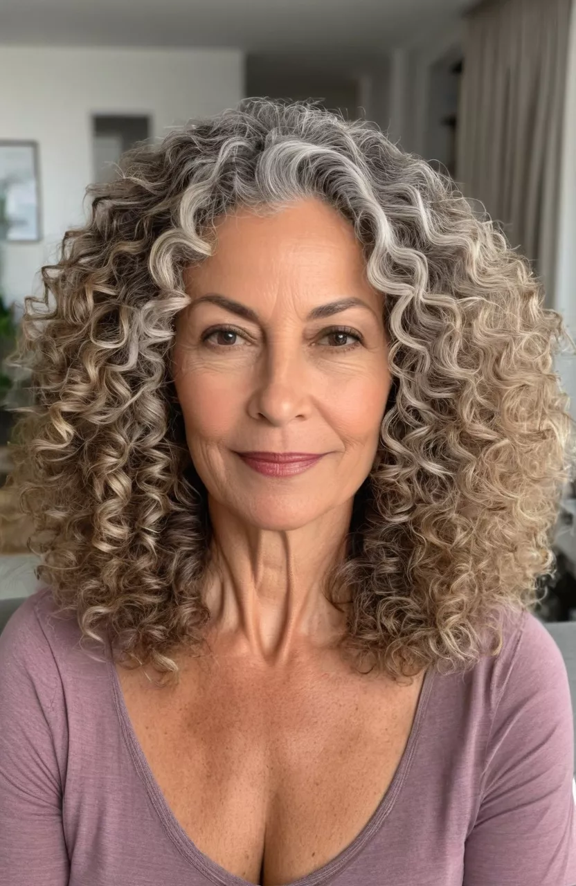 Natural-Looking Mid-Length Thick Curls A photo of a 53-year-old Sandra, natural mid-length thick curls, front view, living room background