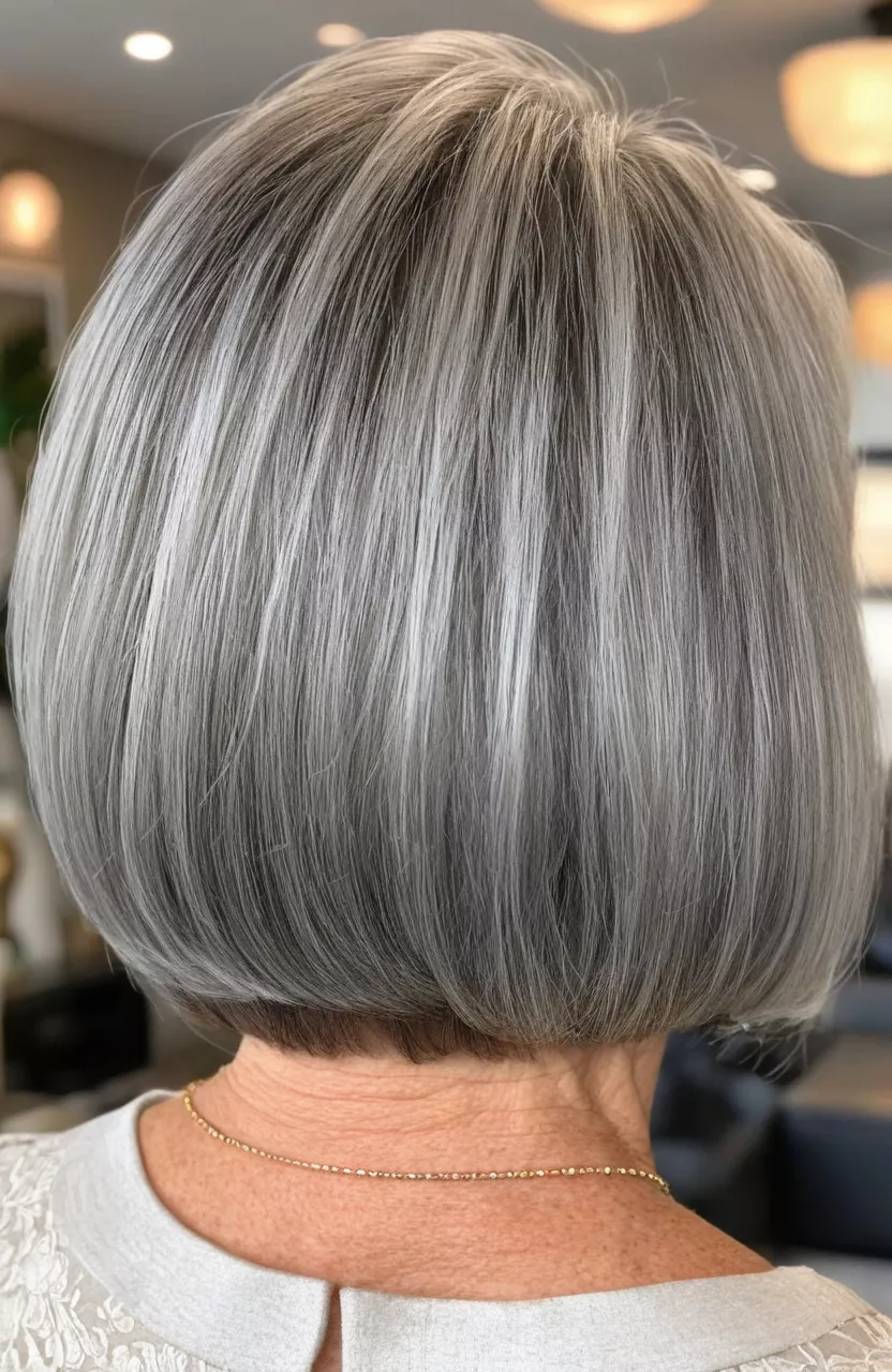 A photo of a 75-year-old Lisa, graduated gray bob with layered back, back view, living room background