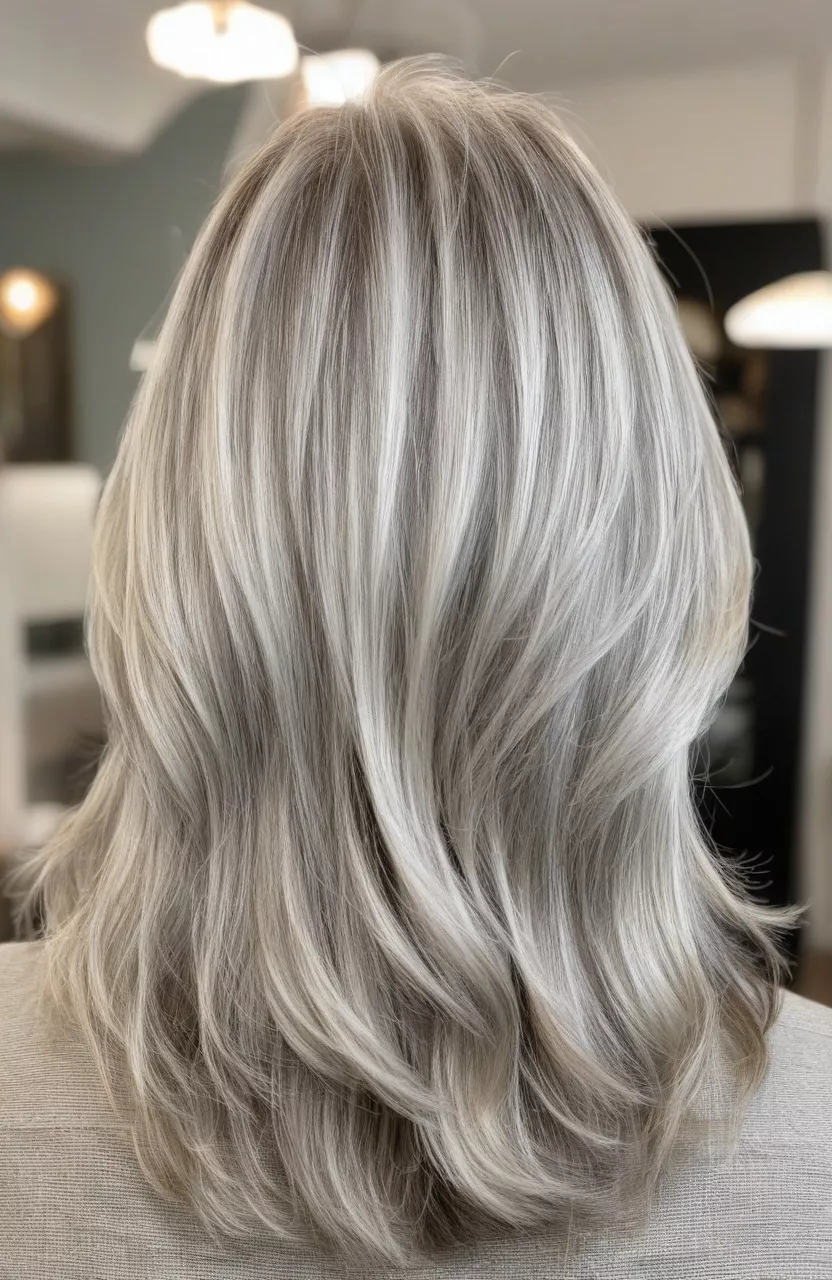 A photo of a 56-year-old Beverly, flowy silver blonde highlights with lowlights and layers, back view, living room background