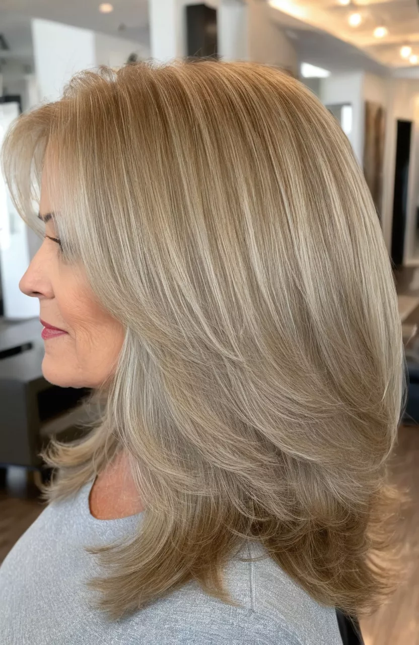 A photo of a 52-year-old Janice, voluminous silver honey blonde layered blowout, side view, living room background