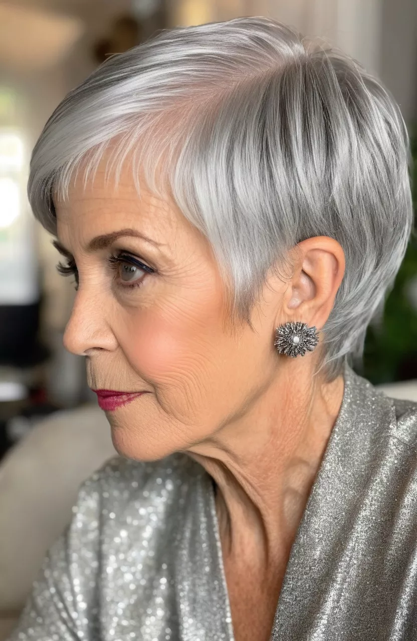 Silver Pixie Bob A close-up photo of a 71-year-old Beverly, silver pixie bob, side view, living room background