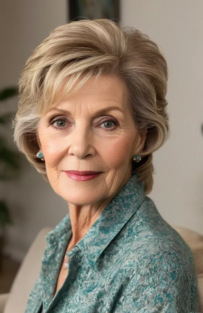 Side-Swept Cropped Layers A photo of a 71-year-old Donna, side-swept cropped layers, front view, living room background