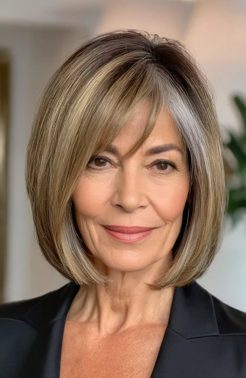 A photo of a 53-year-old Sandra, highlighted shoulder-length bob with face-framing layers, front view, living room background