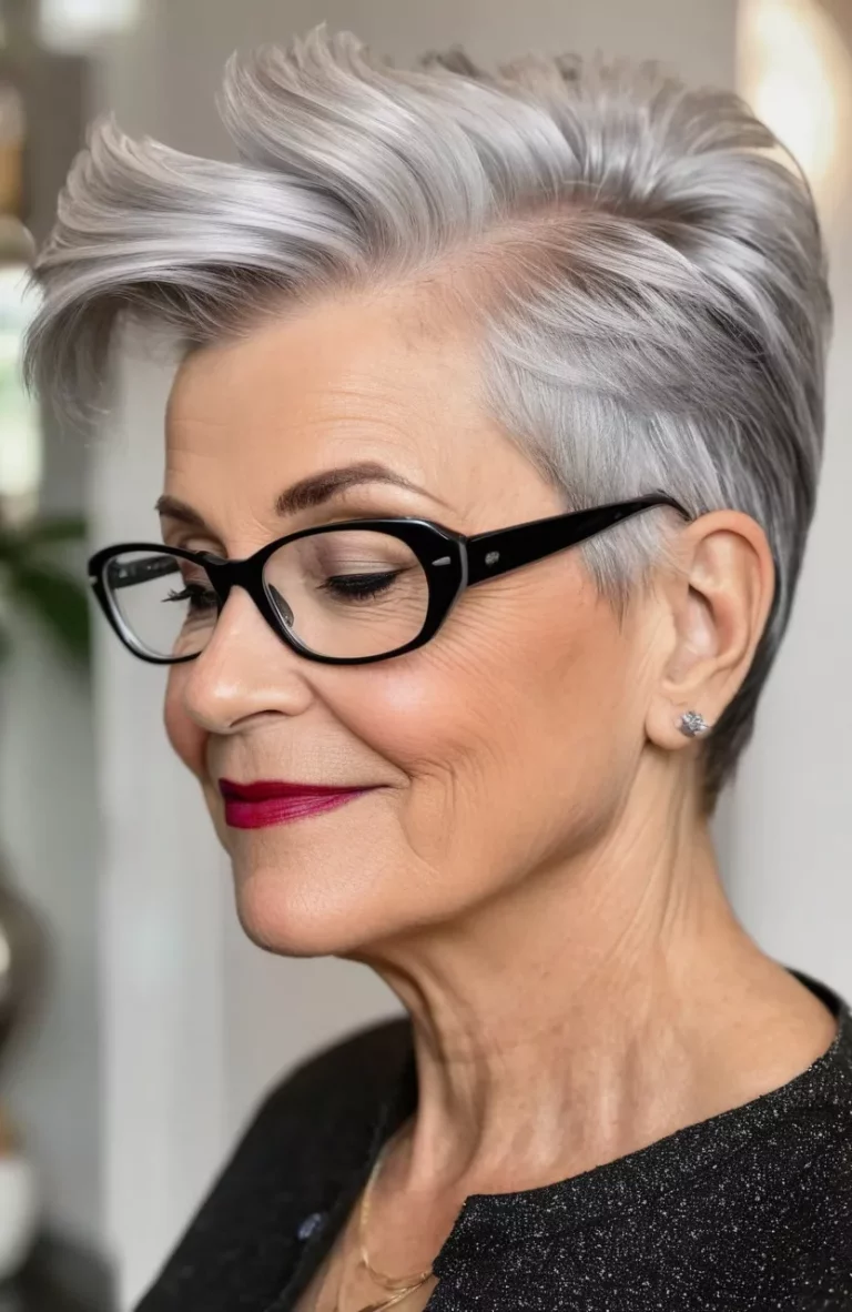 A photo of a 58-year-old Ruth with glasses, silver undercut pixie quiff with line details, side view, living room background