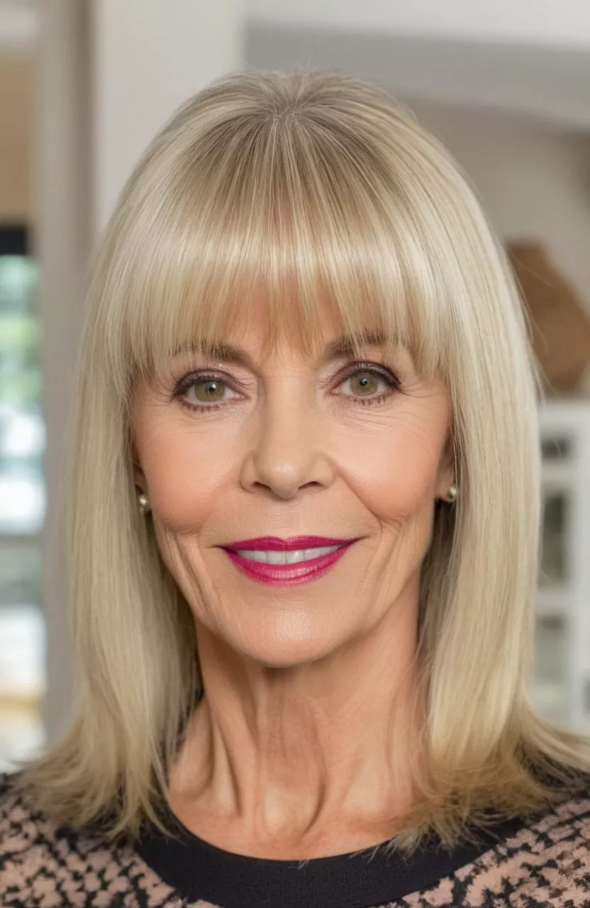 Vanilla Blonde Hair with Front Bangs A photo of a 58-year-old Linda, vanilla blonde hair with front bangs, front view, living room background