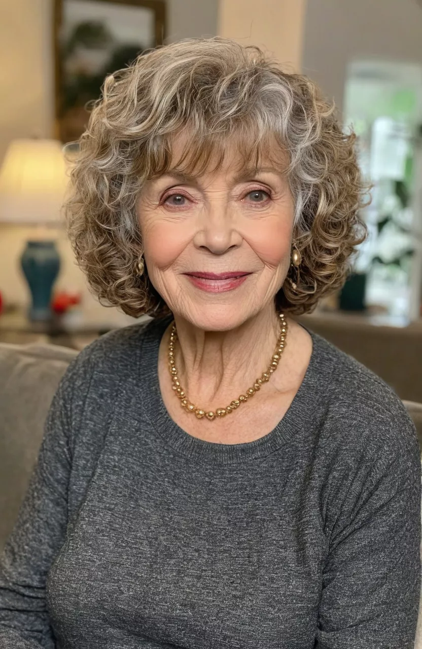 Layered Curly Bob with Bangs A photo of a 69-year-old Ruth, layered curly bob with bangs, front view, living room background