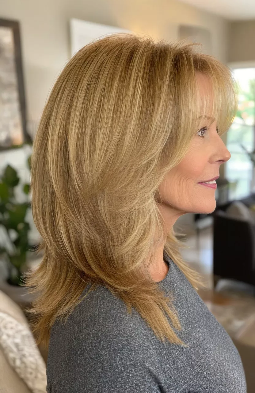 A photo of a 54-year-old Lisa, golden blonde medium-length layers, side view, living room background