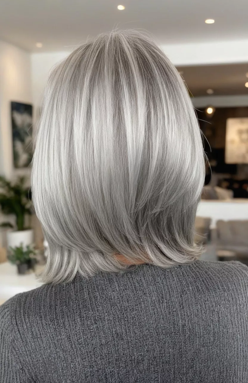 A photo of a 61-year-old Deborah, layered long silver bob, back view, living room background