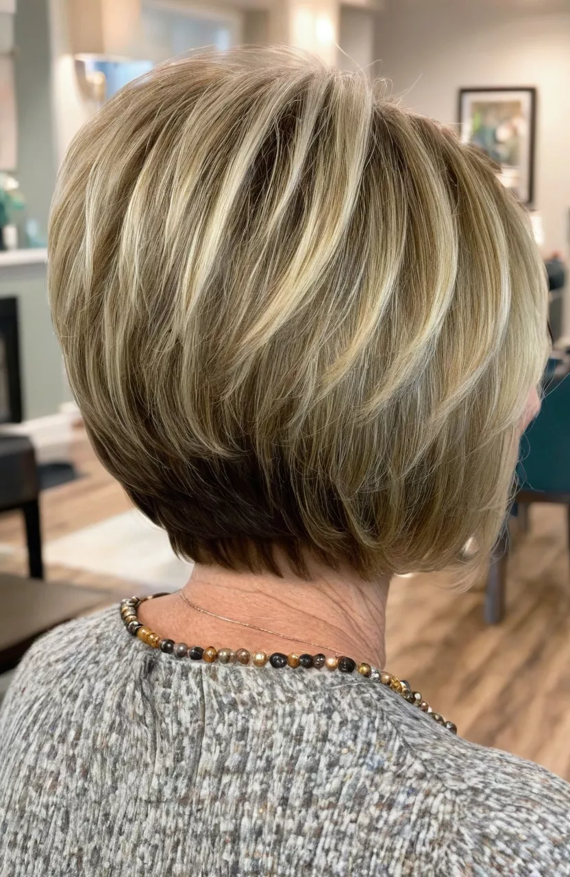 A photo of a 75-year-old Carolyn, stacked layered bob with highlights and lowlights, back view, living room background