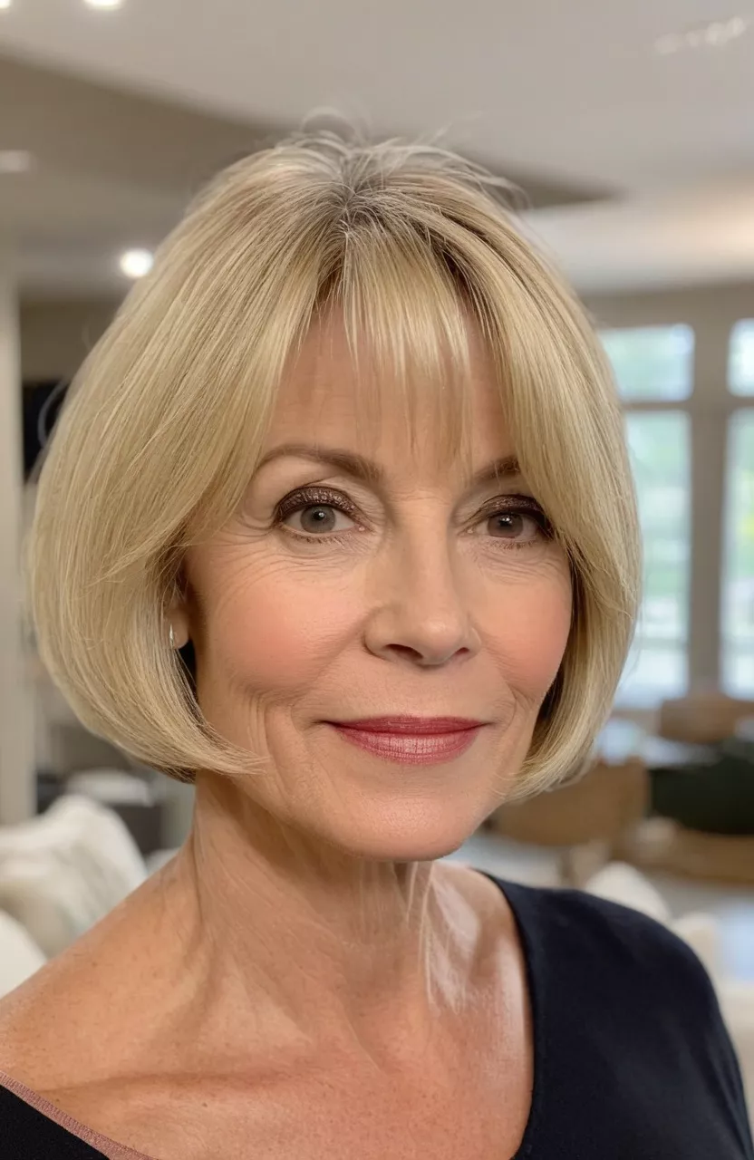 A photo of a 53-year-old Carol, short blonde bob, front view, living room background