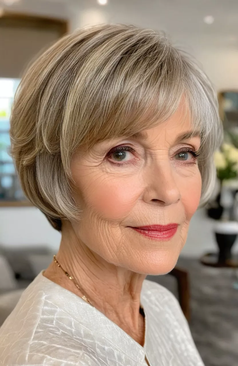 A photo of a 72-year-old Christine, pixie bob with side-swept bangs, side view, living room background