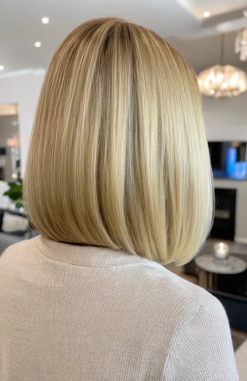 Extra Long Bob for Blonde Hair A photo of a 50-year-old Rebecca, extra long blonde bob, back view, living room background
