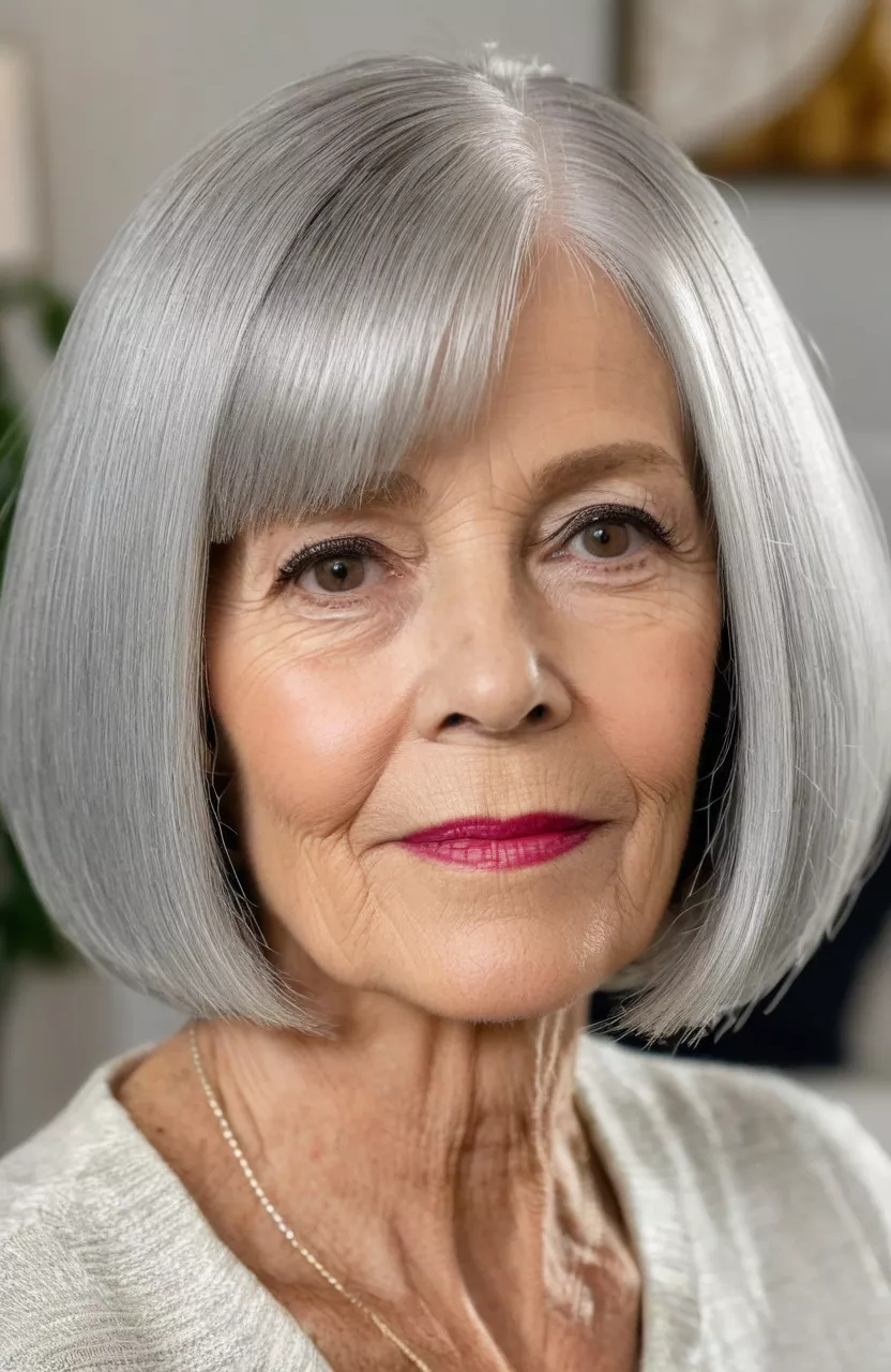A photo of a 73-year-old Virginia, classic blunt cut silver bob, front view, living room background
