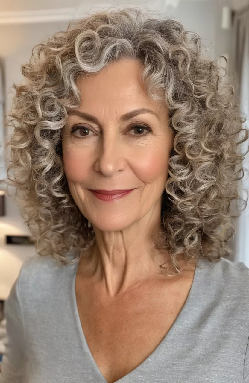 Wearable Soft Curls A photo of a 57-year-old Sandra, wearable soft curls medium length, front view, living room background