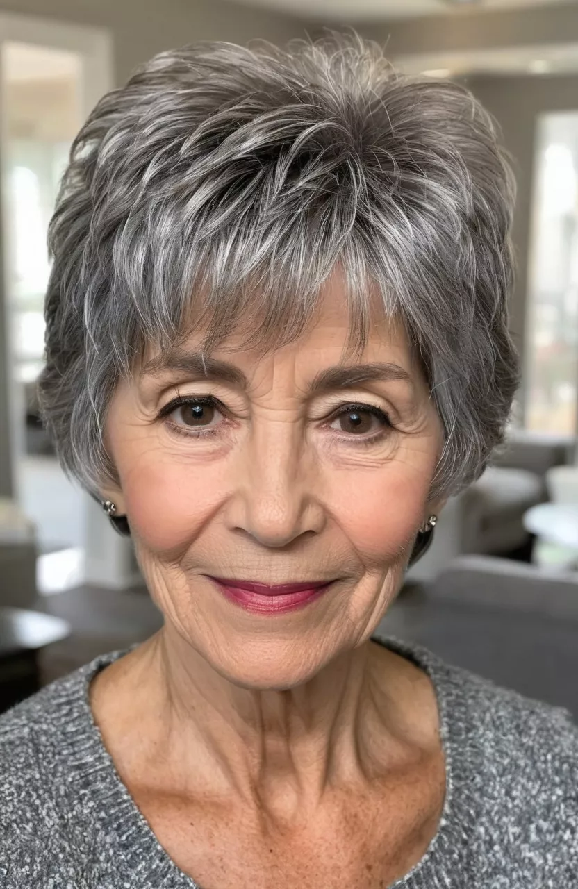 A photo of a 67-year-old Janet, textured gray short shaggy cut, front view, living room background
