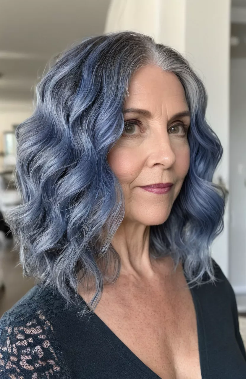 A photo of a 51-year-old Gloria, periwinkle steel blue wavy lob, front view, living room background