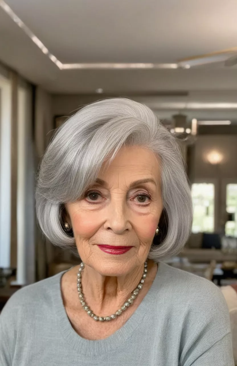 Silver Bob For Fine Hair A photo of a 74-year-old Gloria, silver bob, front view, living room background