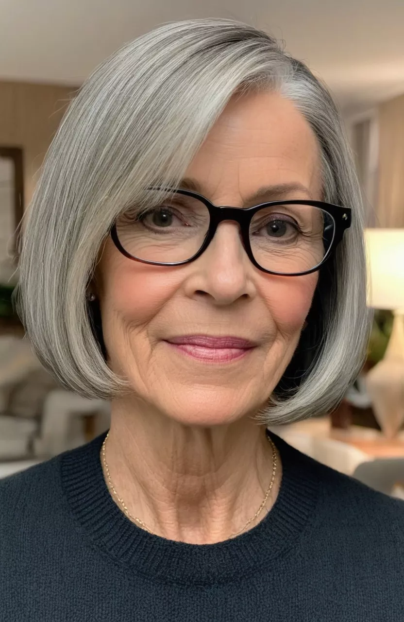 Straight Bob with Glasses A photo of a 57-year-old Virginia, straight bob with glasses, front view, living room background