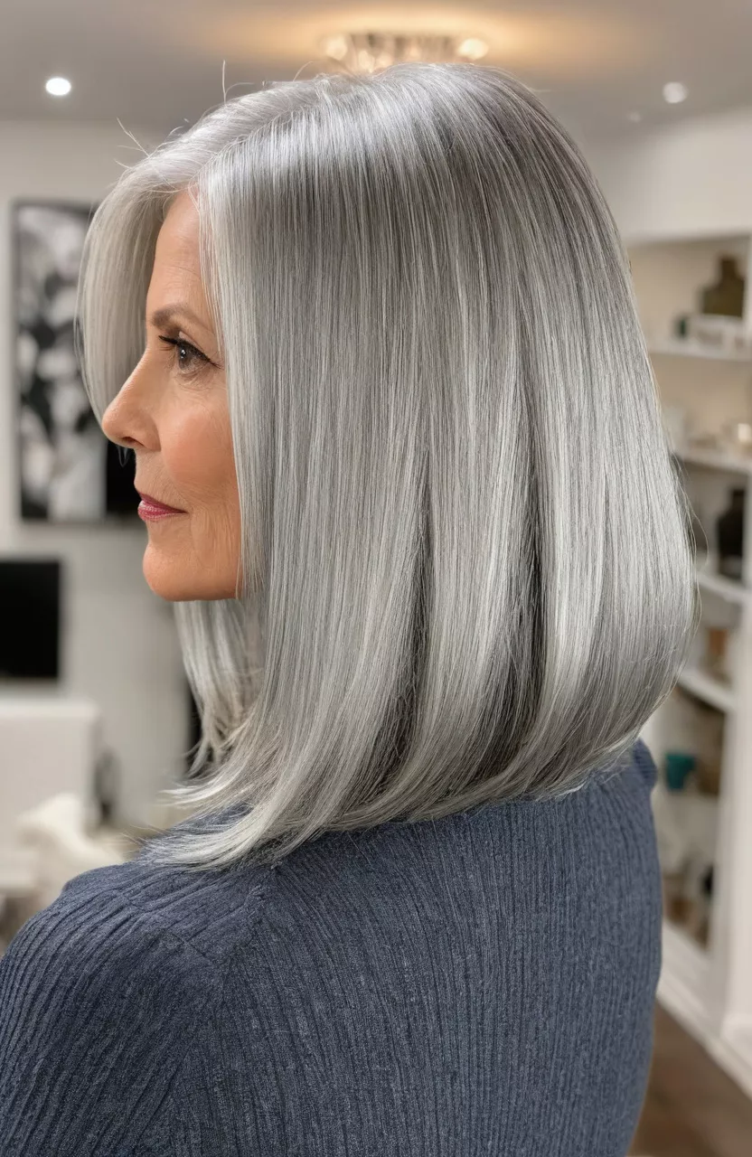 A photo of a 54-year-old Christine, layered long silver bob, back view, living room background