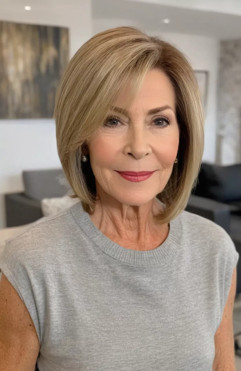 Straight Cut with Side Part A photo of a 61-year-old Karen, straight cut with side part, front view, living room background