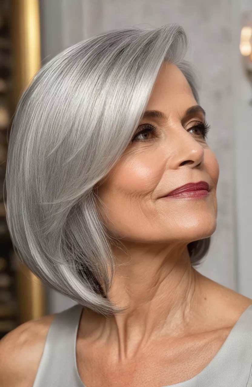 A photo of a 50-year-old Pamela, side-swept silver bob, side view, living room background