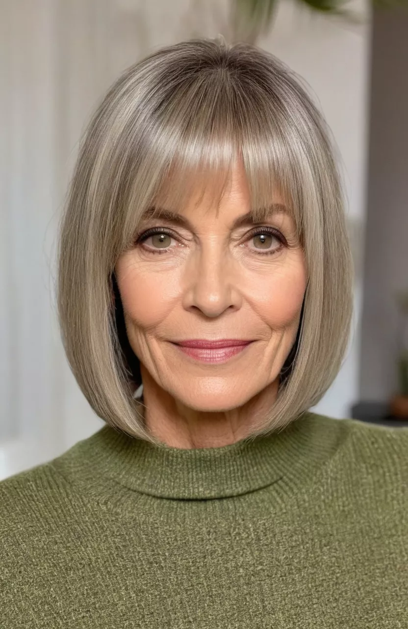 Straight Bob with Natural Color A photo of a 52-year-old Barbara, straight bob with natural color, front view, living room background