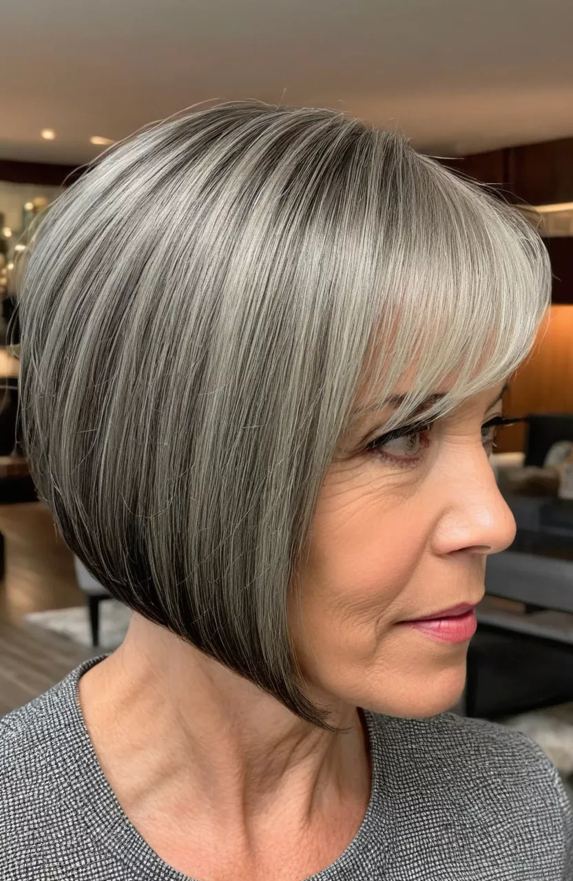 Asymmetrical Bob with Swoop Bang A photo of a 55-year-old Betty, asymmetrical bob with swoop bang, side view, living room background