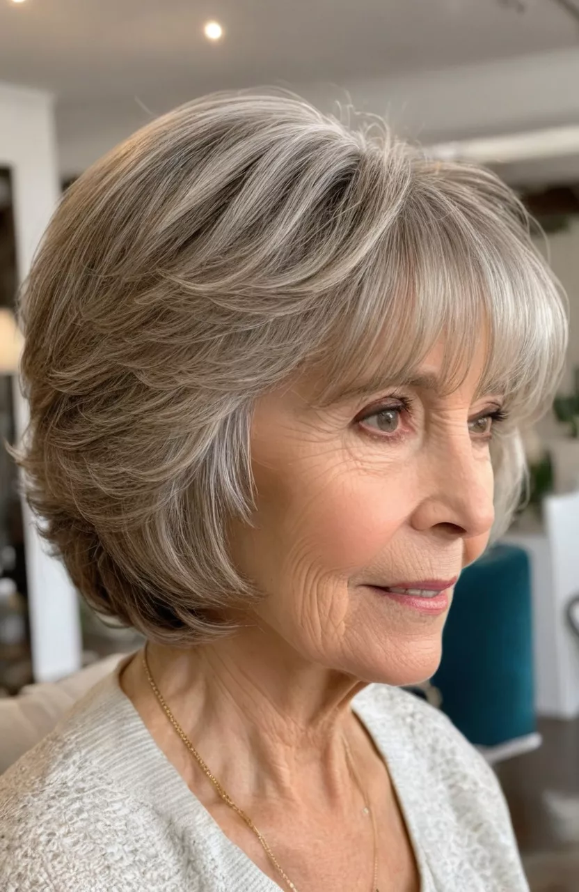 A photo of a 73-year-old Maria, tousled medium bob with side-swept bangs, side view, living room background