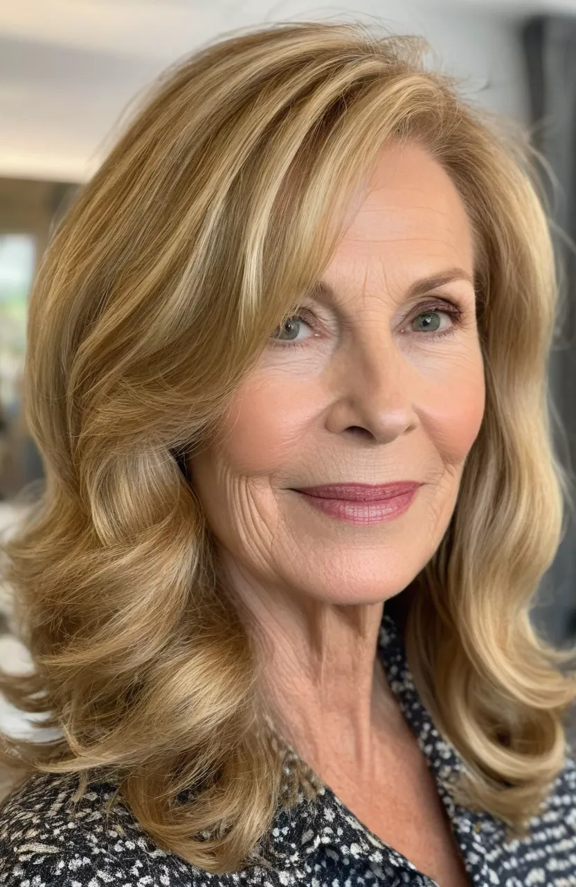 A photo of a 60-year-old Christine, structured golden blonde layered waves, front view, living room background
