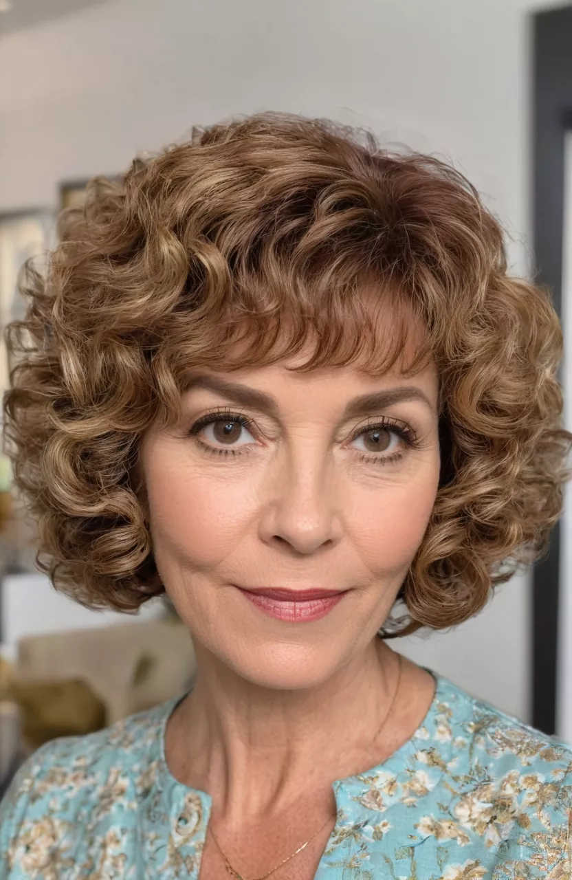 1960s-Inspired Razored Curly Bob A photo of a 53-year-old Brenda, 1960s-inspired razored curly bob, front view, living room background