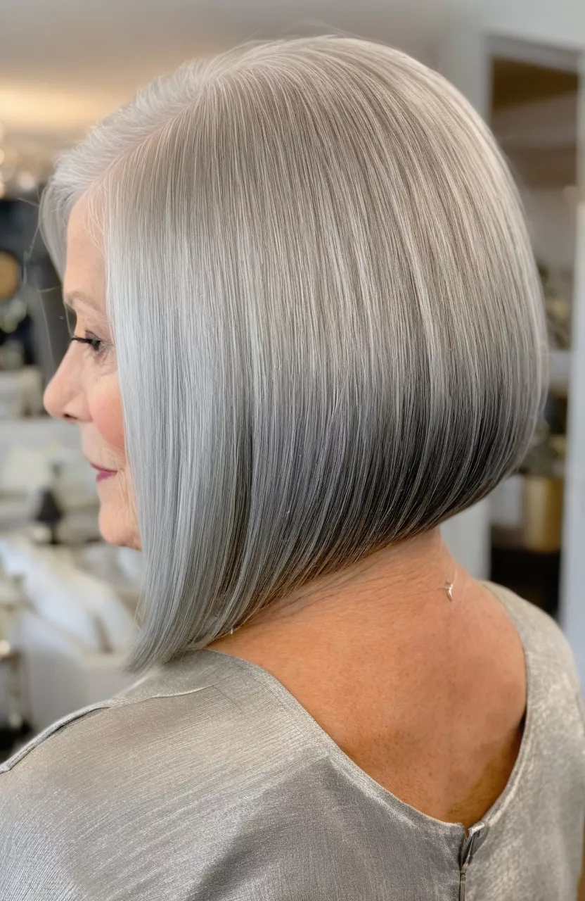 A photo of a 72-year-old Betty, long inverted silver bob, back view, living room background