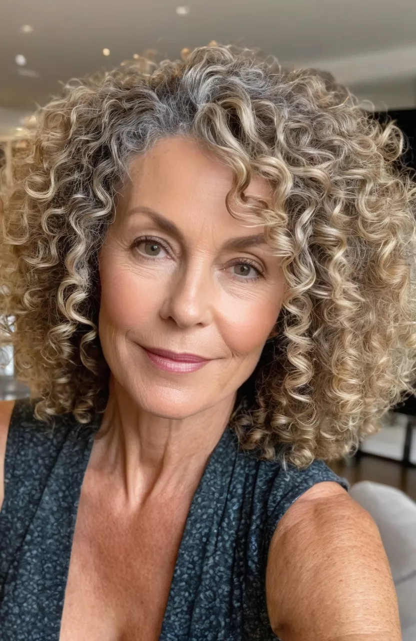 Bob with Natural Curls A photo of a 51-year-old Carolyn, bob with natural curls, front view, living room background