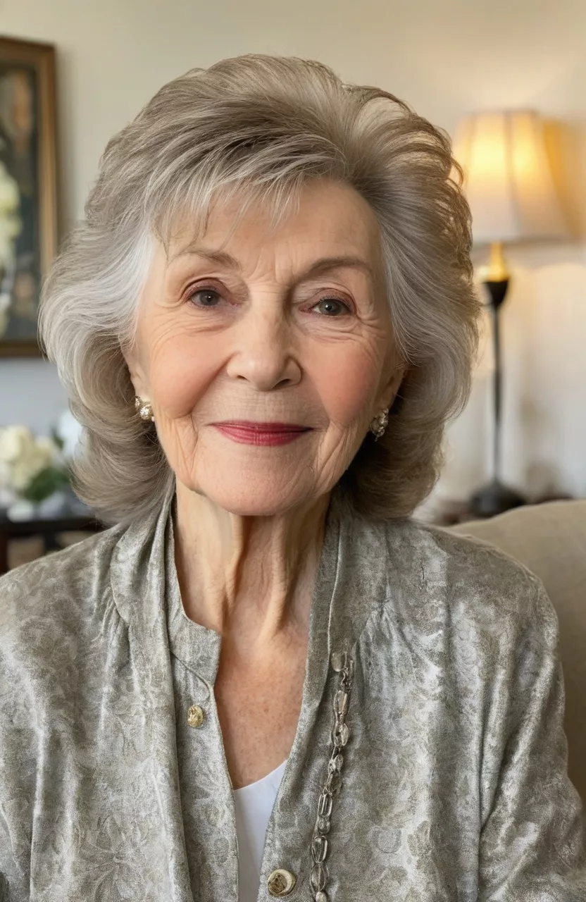 Wispy Side-Swept Layers A photo of a 77-year-old Ruth, wispy side-swept layers, side view, living room background