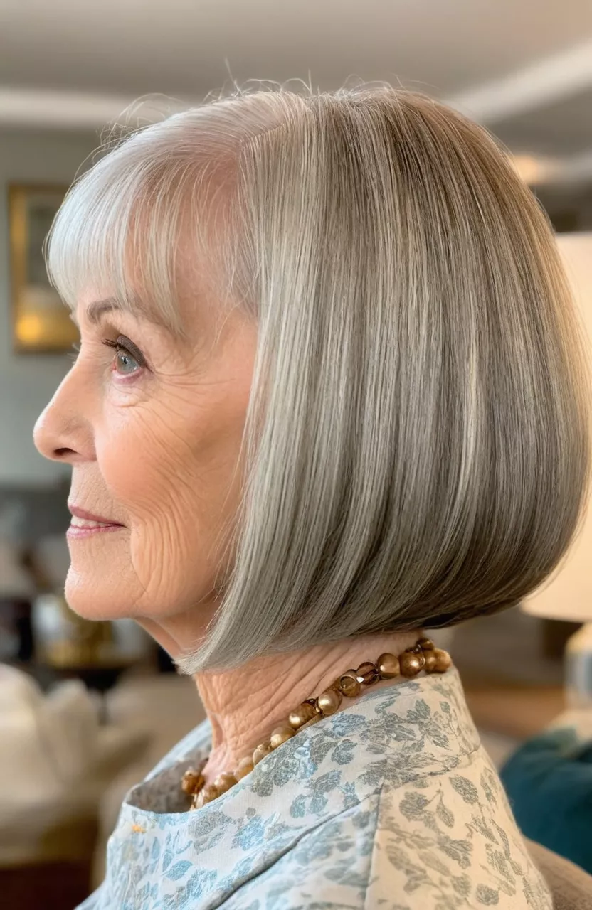 Angled Bob A photo of a 76-year-old Deborah, angled bob, side view, living room background
