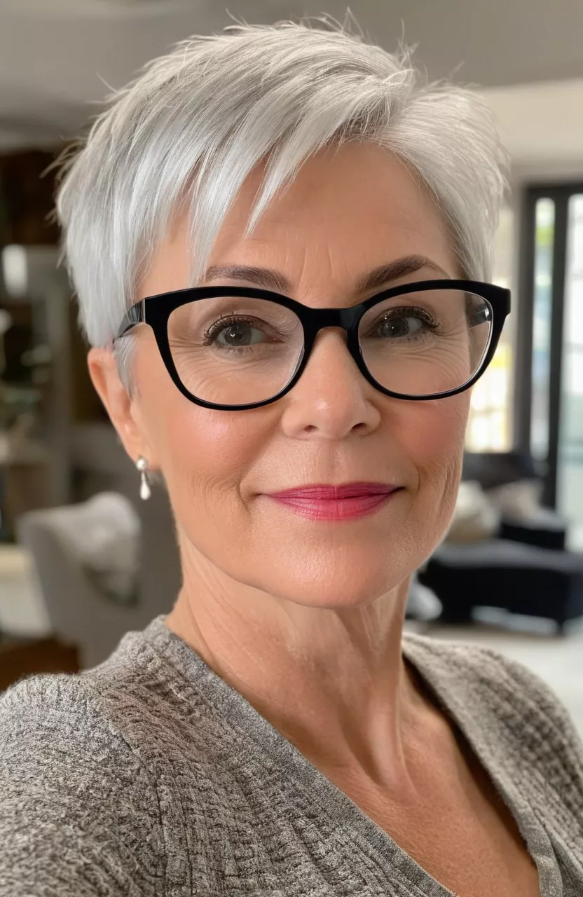 A photo of a 52-year-old Angela with glasses, short platinum pixie, front view, living room background