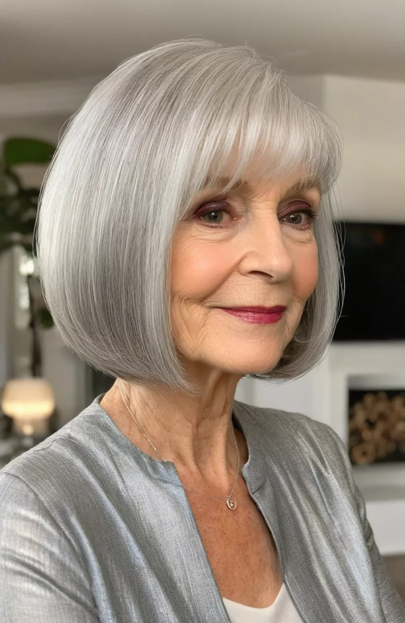 A photo of a 71-year-old Donna, silver A-line bob, side view, living room background