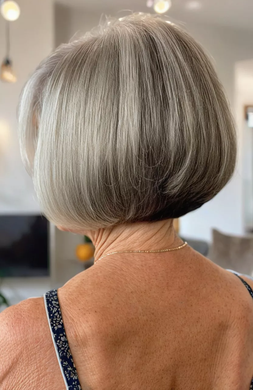 Inverted Bob A photo of a 73-year-old Marie, inverted bob, back view, living room background