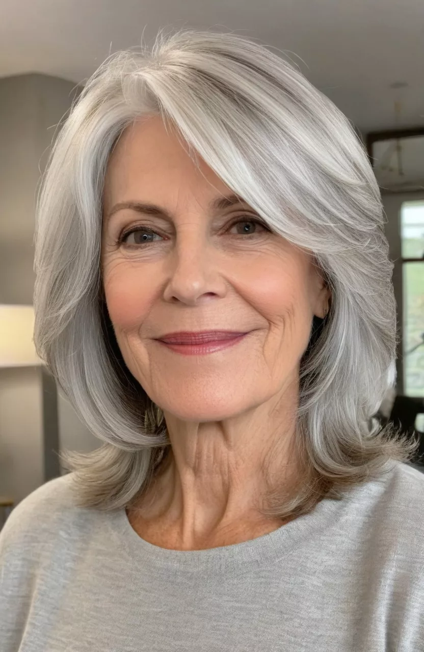 A photo of a 62-year-old Brenda, silver blonde mid-length layers, front view, living room background