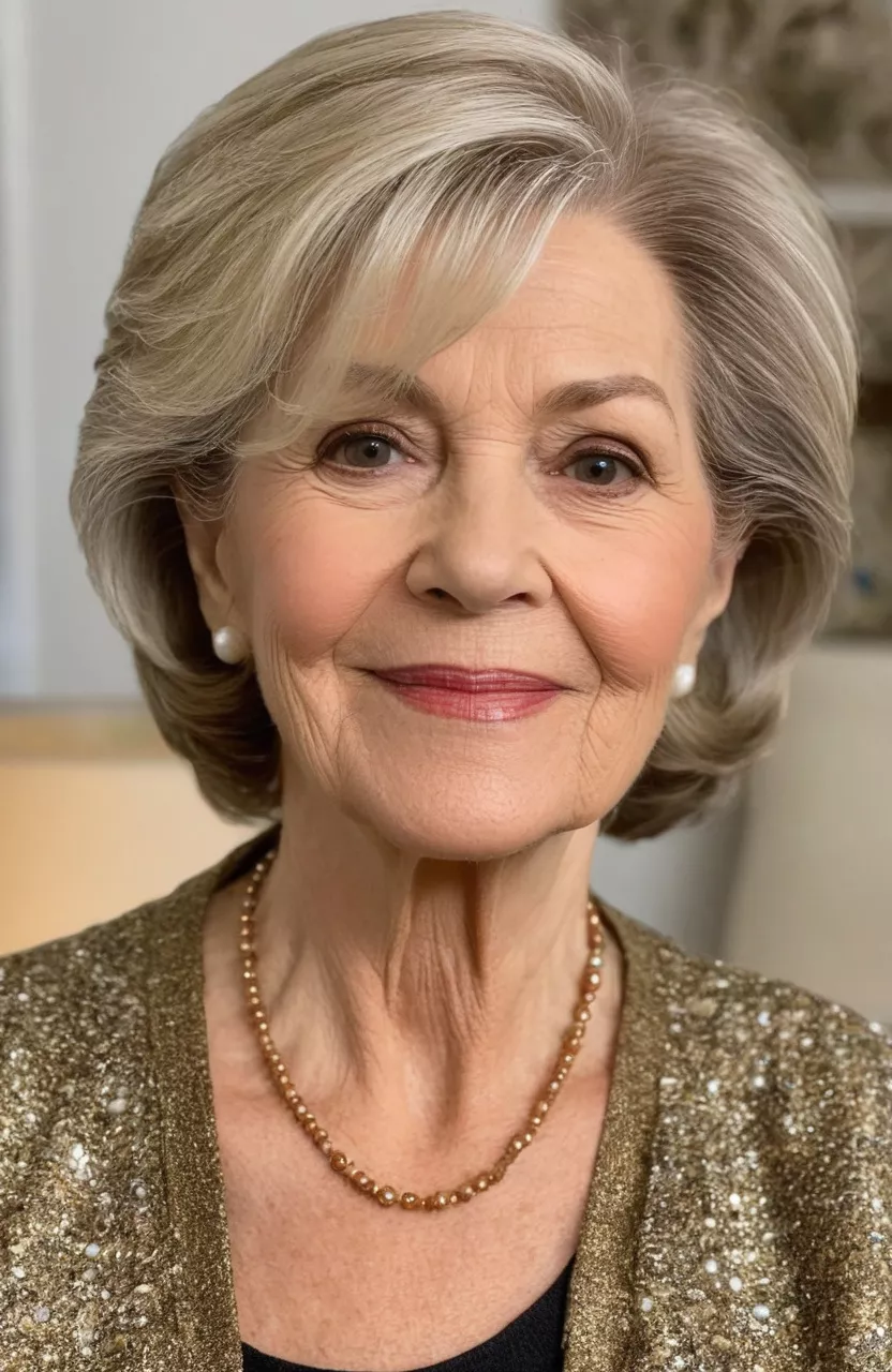 Short Side-Swept Layers A photo of a 71-year-old Patricia, short side-swept layers, front view, living room background