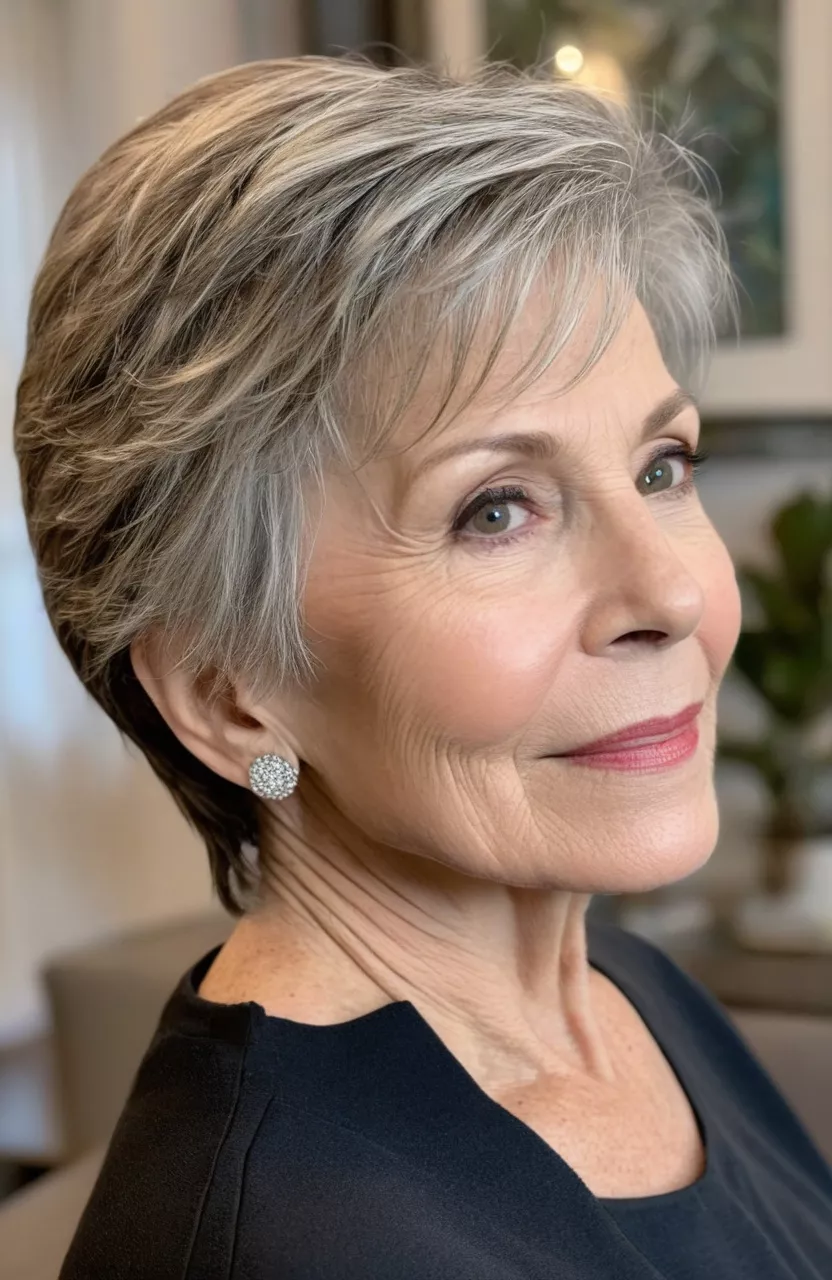 Asymmetrical Cut A photo of a 66-year-old Carol, asymmetrical cut, side view, living room background